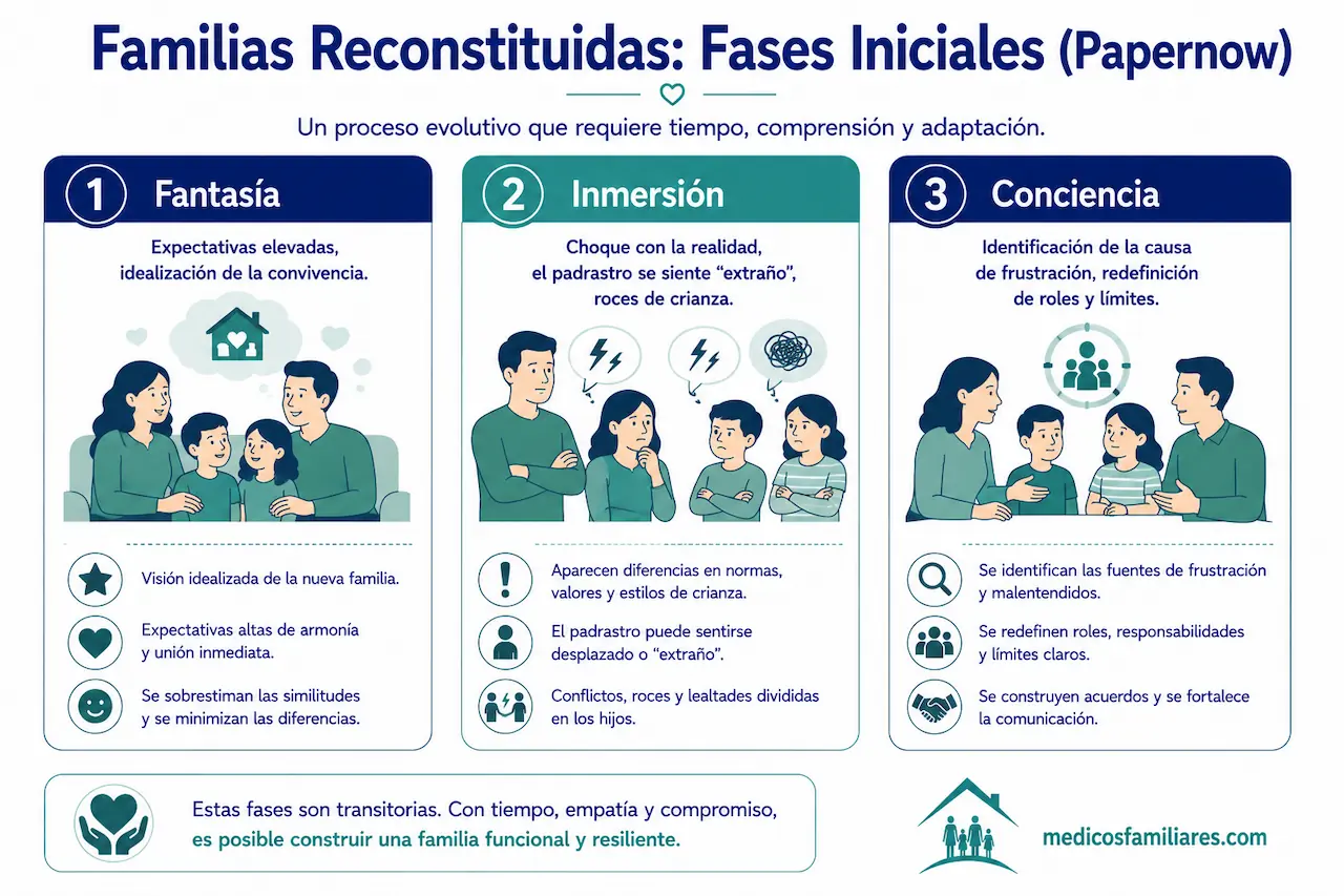 Infografia de las etapas tempranas del ciclo evolutivo de familias reconstituidas segun Patricia Papernow