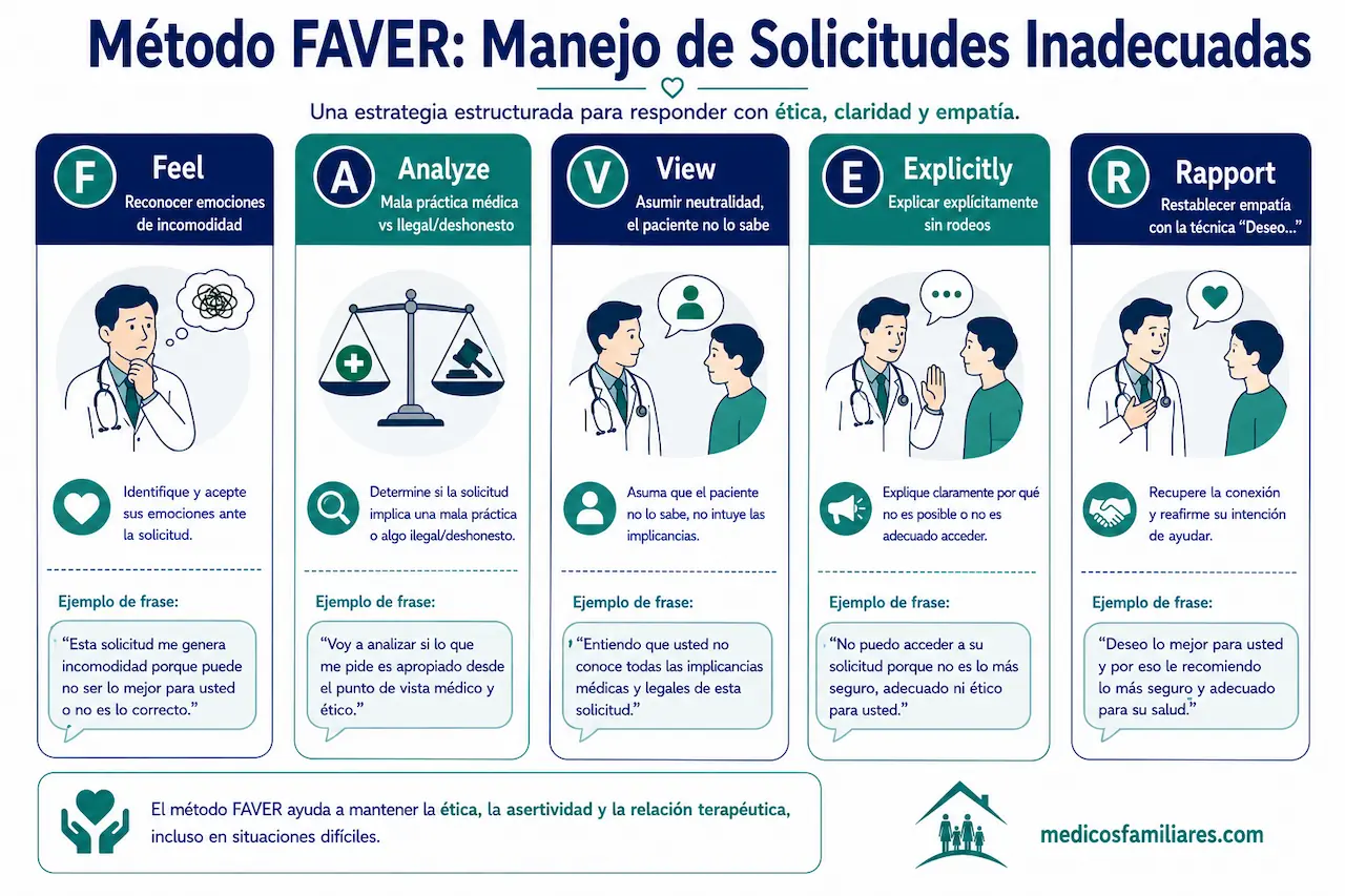Infografia sobre el metodo FAVER para responder a solicitudes inadecuadas de los pacientes