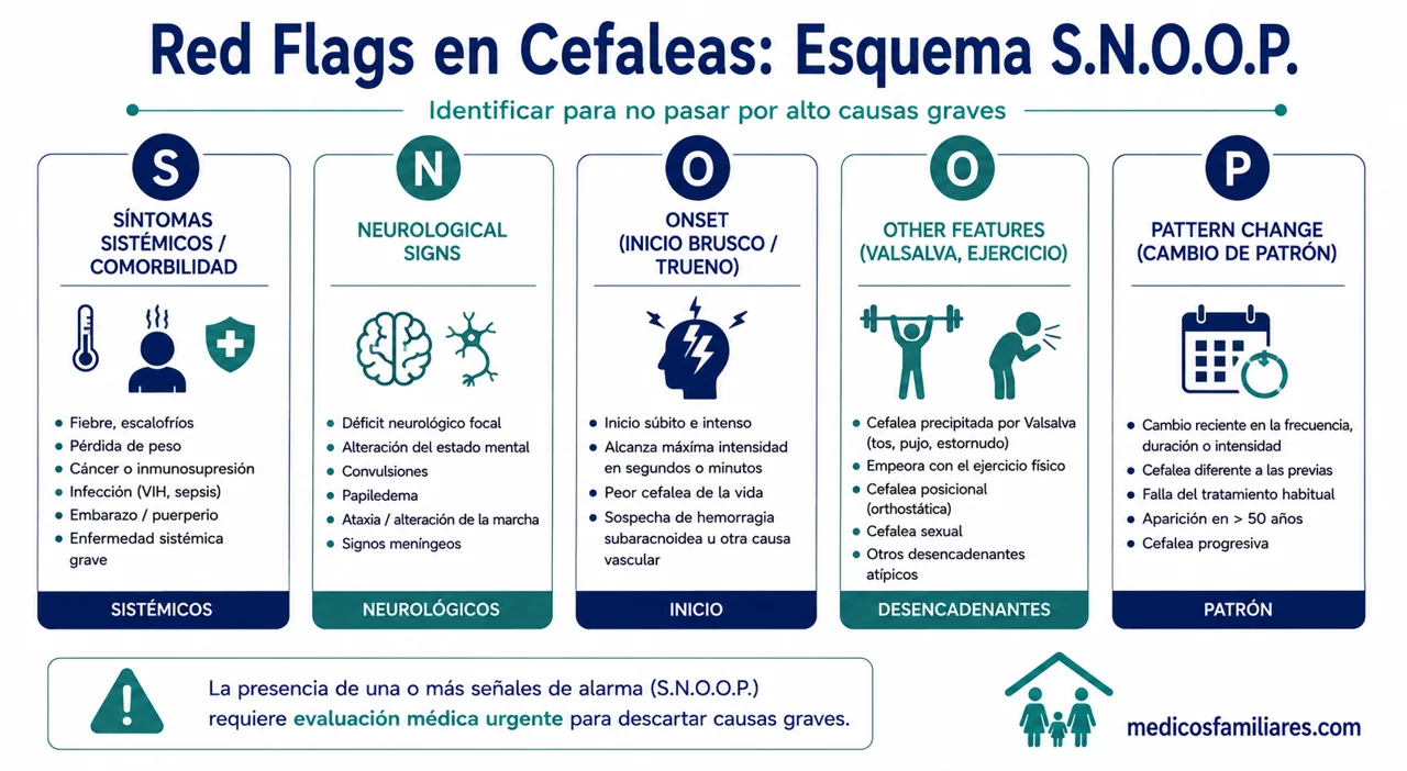 Señales de alarma en cefaleas acrónimo SNOOP